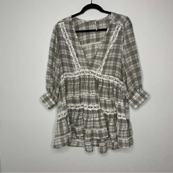 Free People time out lace green plaid tunic top - Picture 2 of 11